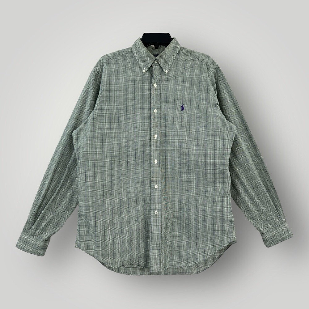 Ralph‎ Lauren Plaid Shirt Mens 15.5 M Green w Purple Pony Long Sleeves Cotton